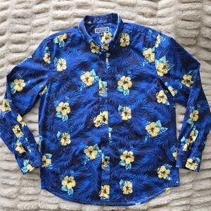 Club Room Shirt Mens Medium Blue Hawaiian Yellow Floral Button Down Long Sleeves